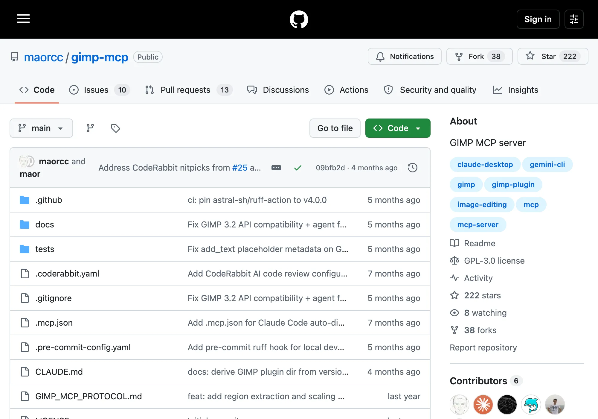 GitHub의 maorcc/gimp-mcp 저장소 첫 화면